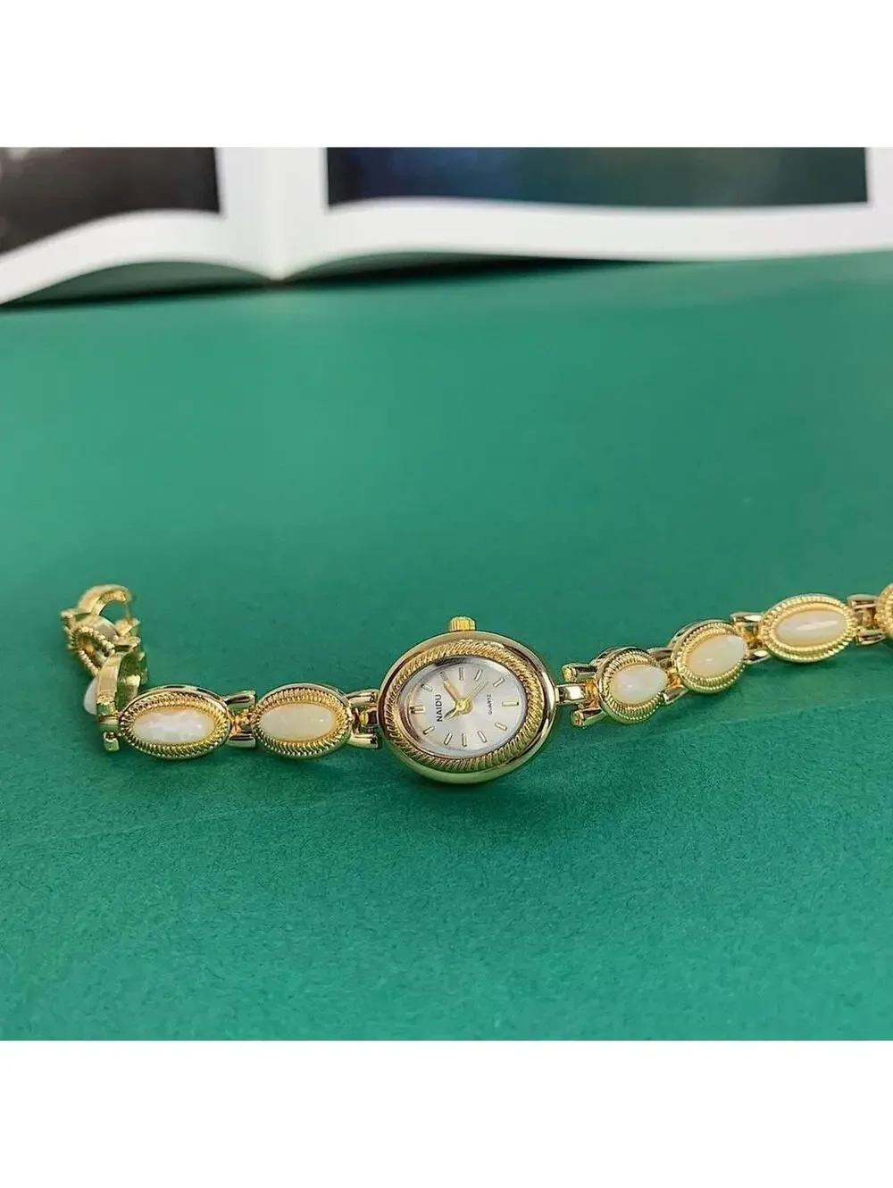 Y2k style Dainty cute Gold style tone quartz watch with white jade stone opal ac
